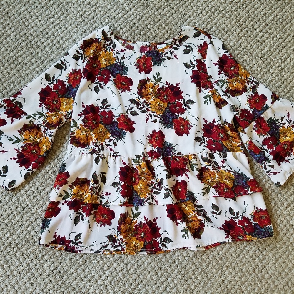 3/$12 Time and Tru Floral Ruffle Bell Sleeve Top